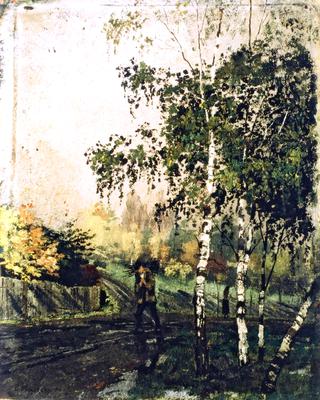 Birch Tress and Man Carrying Twigs