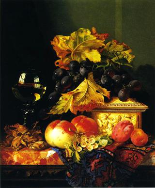 Black Grapes on a Carved Ivory Box, Peaches, Whitecurrants and Hazelnuts with a Hoch Glass on a Marble Ledge