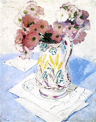 Pink and White Primulas in a Moulded Jug