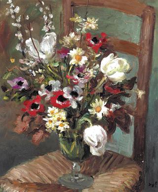 Tulips and anemones on a chair