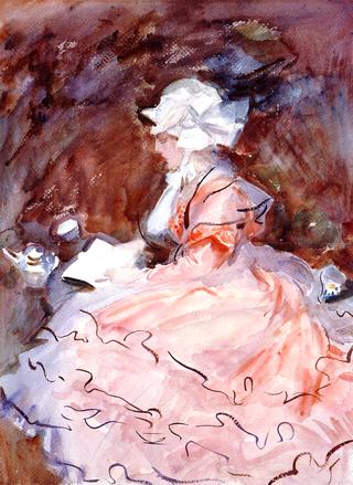 Girl in a Pink Dress Reading