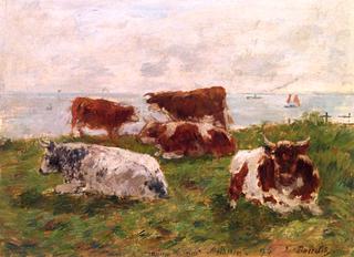 Cows in a Meadow by the Sea