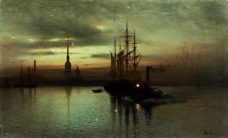 Harbor with boats at twilight