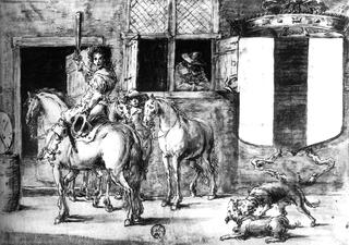 "Soldiers with Horses before a House"