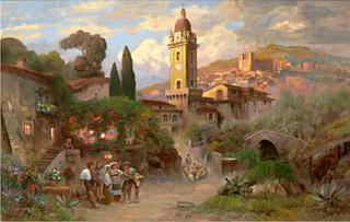 Quaint Italian Village Church with Figures and Sheep