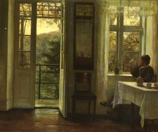 The Artist's Wife Sitting at a Window in a Sunlit Room