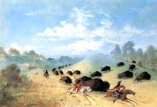 Comanche Indians Chasing Buffalo with Lances and Bows