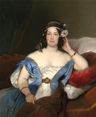 Portrait of a lady with richly decorated headdress and roses in her hair