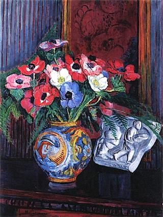 Still Life of Anemones with an Antique Relief