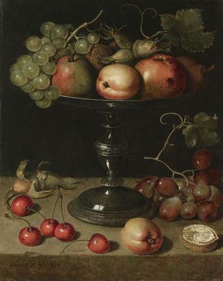 Still life with pears, an apple, an apricot, almonds and walnuts on a Tazza