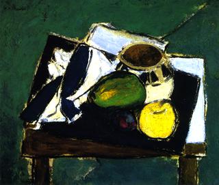 Still Life with Ceramic Bowl on Green Background