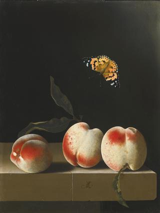 Three Peaches on a Stone Ledge with a Red Admiral Butterfly