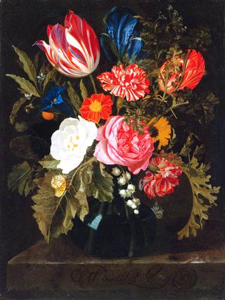 Still Life of Roses, Carnations, a Tulip and Other Flowers in a Glass Vase