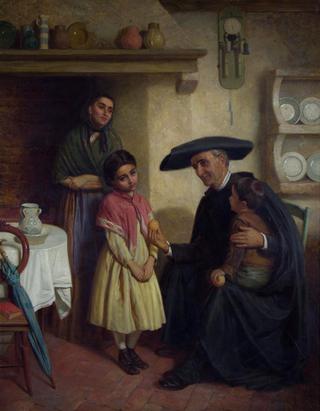 Sorrowful Child Being Offered an Orange by Spanish Priest