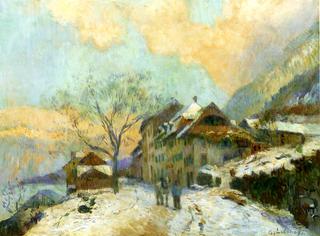 The Banks of Lake Geneva at Saint-Gingolph, in winter, with Snowy Weather