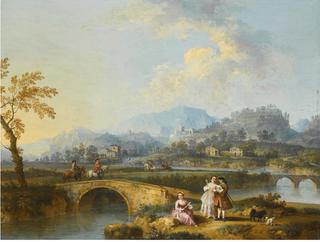 An Italianate Landscape with Elegant Figures on Horseback