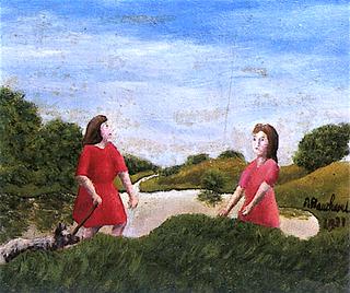 Two Women and a Dog by a Pond
