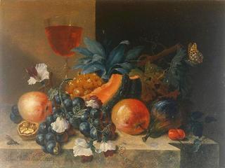 Still life with Fruit and Nuts with a Wine Glass all resting an a Ledge