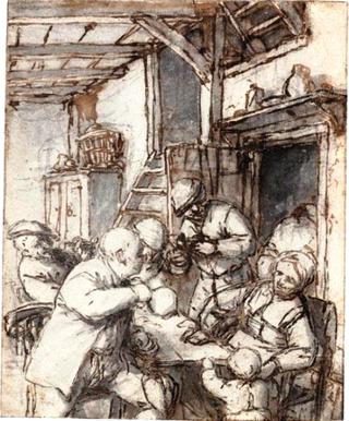 Four Peasants in an Inn, talking with the Innkeeper's Wife