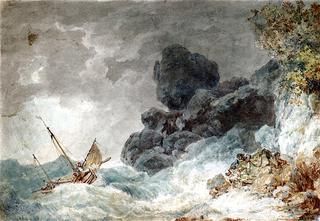 A Rocky Shore, with Men Attempting to Rescue a Storm-Tossed Boat