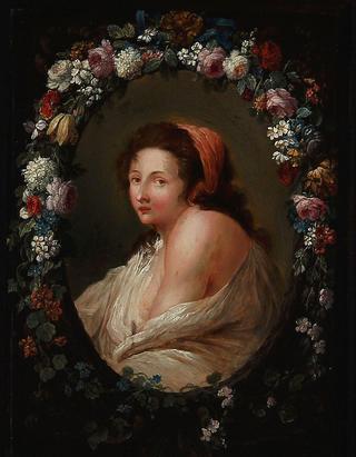 Portrait of a Woman in an oval medallion surrounded by a flower wreath