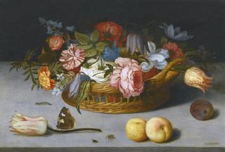 Still-life with Roses, Tulips, Irises and Other Flowers in a Wicker Basket