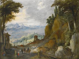 A mountainous landscape with travellers on a path