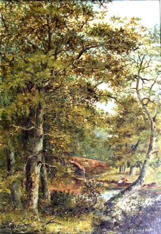 Woodland River Landscape with a Couple by a Bridge