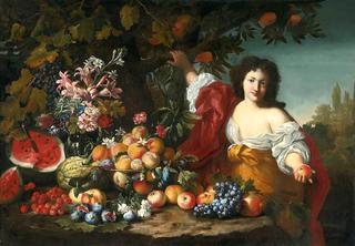 Still-Life of Fruits and Flowers with a Figure