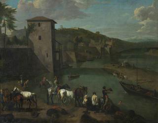 A Riverside Town with Figures Bathing and Traders with their Horses