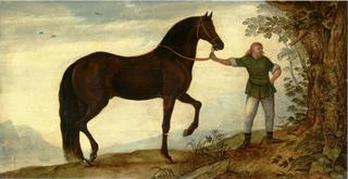 A Black Stallion with a Groom, in a Landscape