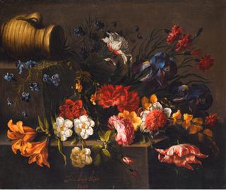 A Tulip, Roses, Dahlias, Peonies, Campanula, Orange Blossom on some Steps