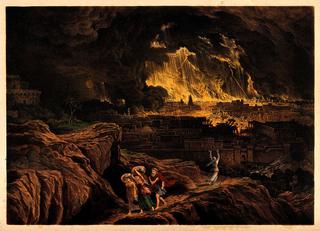 Lot and his family flee Sodom as it burns