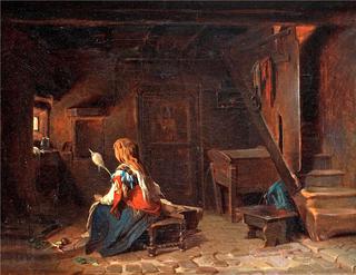 Interior With Italian Woman At The Spinningwheel