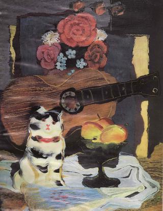 Guitar with Porcelain Cat and Fruit Bowl