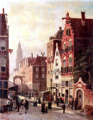 A Busy Sunlit Street with a View of the Martinitoren, Groningen