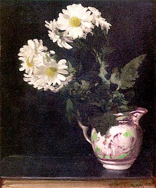 White Chrysanthemums in a Pink Lustre Jug