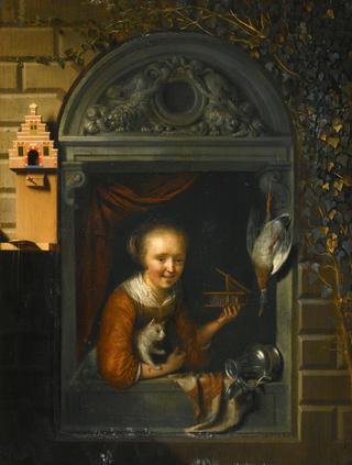 A Young Girl at a Window Ledge with a Cat and a Mouse-Trap