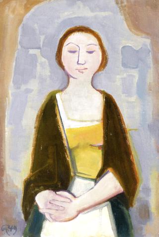 Young Woman with Downcast Eyes and Folded Hands