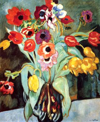 Anemones and Tulips in a Blue Vase