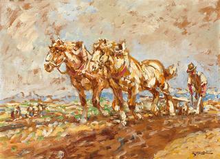 Ploughing Farmer with Two Horses