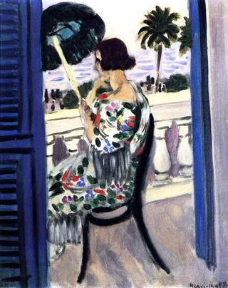 Woman on a Balcony with Green Umbrella in Profile