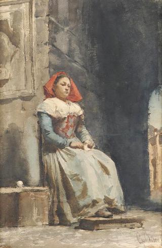 Young Italian Woman Knitting in a Courtyard