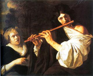 Shepherd Playing the Flute and a Woman Singing