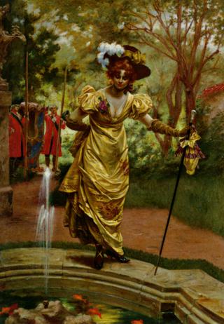 An Elegant Lady by a Goldfish Pond