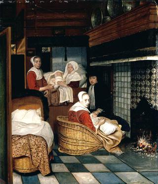 Interior with a Family and Two Nurses before a Fire