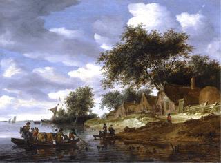 A River Landscape with Figures Crossing to the Shore on a Cattle Ferry