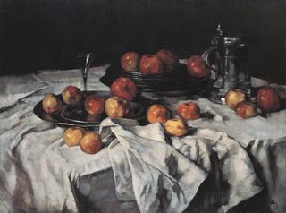 Still life with apples, a pewter jug ​​and a wine glass
