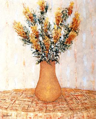 Still Life with Yellow flowers and Plaid Tablecloth