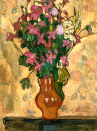 Vase of Purple Flowers on a Yellow Backgound